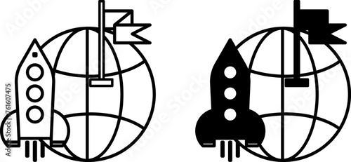 Mission Icons. Black and White Vector Icons. Planet, Flag, and Rocket Taking Off. Management Concept