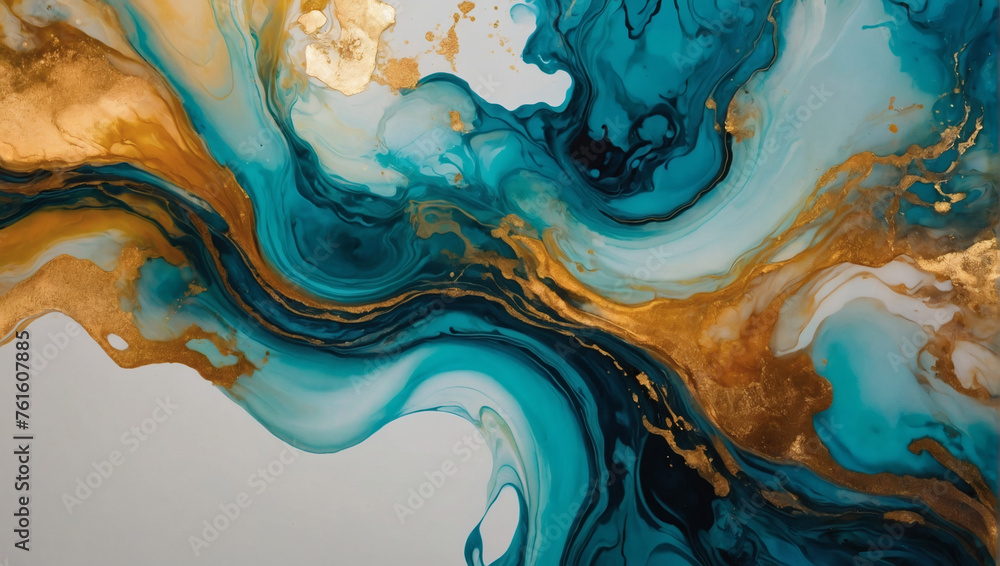 Abstract fluid art painting in alcohol ink, blending delicate hues to form transparent waves and golden swirls, evoking a sense of tranquil luxury.