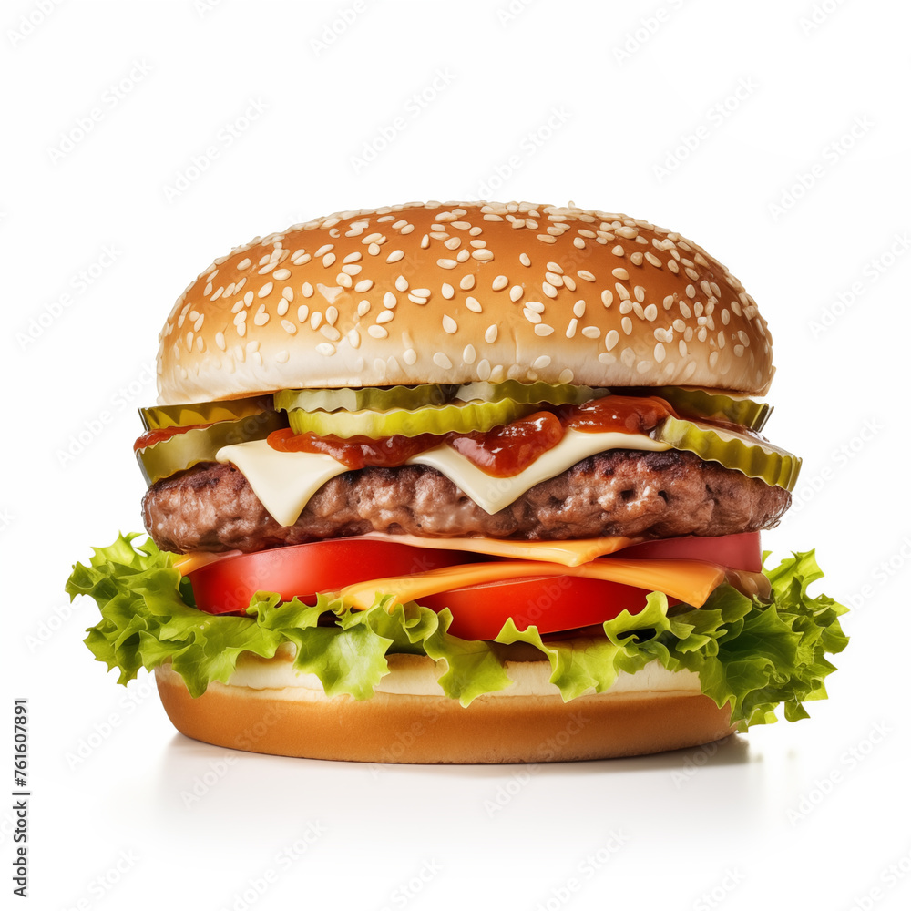 beef cheeseburger with lettuce tomato and pickles isolatod on white background made with generative ai. beef cheeseburger with lettuce tomato and pickles isolatod on white background made with generative ai.