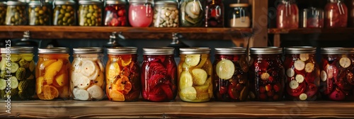 autumn pickles on wooden shelf. ai generated