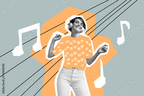 Fotografie Composite collage picture image of funny female listen music headphones dancing