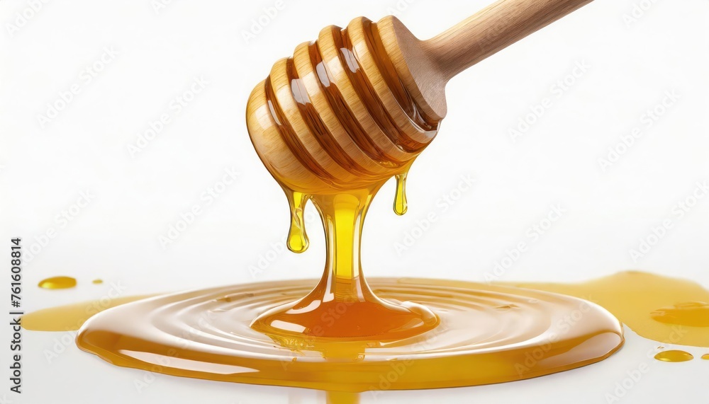Natural honey dripping from dipper on white background. high quality photo - obrazy, fototapety, plakaty 
