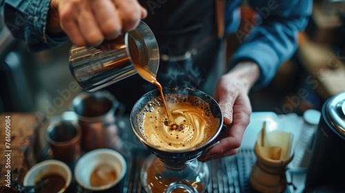 bartender pouring coffee  barista making coffee  close-up of his hands