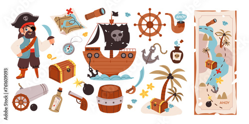 Pirate set with cute elements of sea adventures. Pirate, treasure, ship, island with palm trees and map. Flat vector illustration