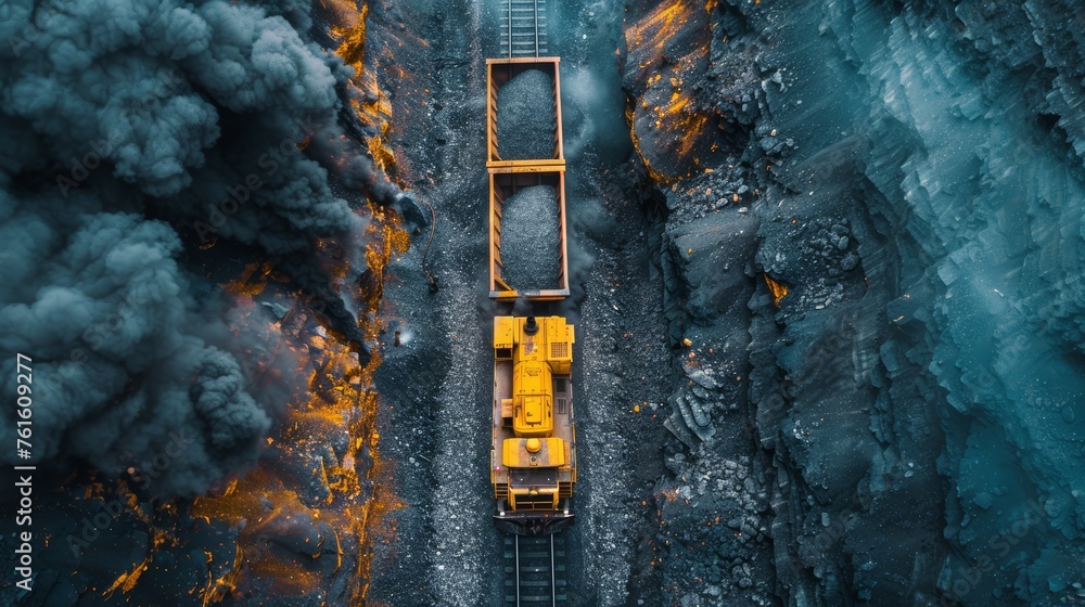 Drone view of a coal mining operation with machinery - obrazy, fototapety, plakaty 