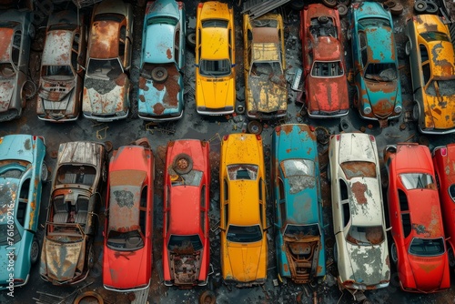 A bird's-eye view of abandoned multicolored old cars © Александр Лобач