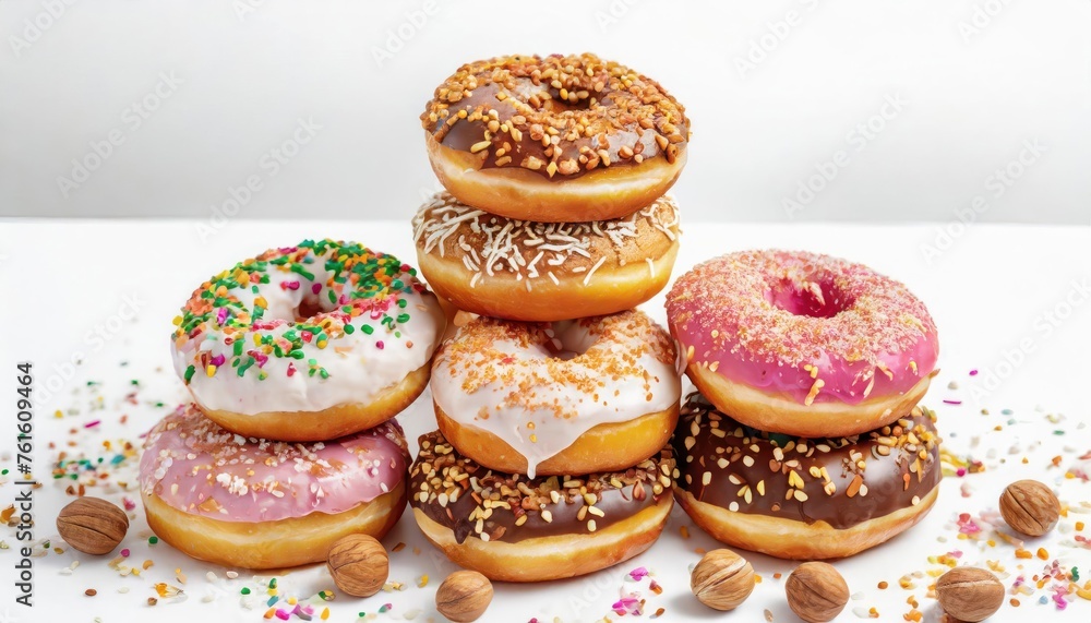 Pile group stack tower of round donut doughnut, with sprinkles nuts topping frosting Pile group stack tower of round donut doughnut, with sprinkles nuts topping frosting