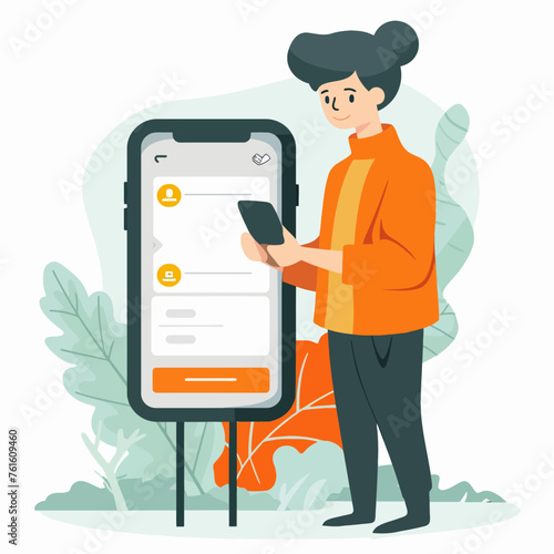 Woman Check Phone With Plant Background Flat Illustration