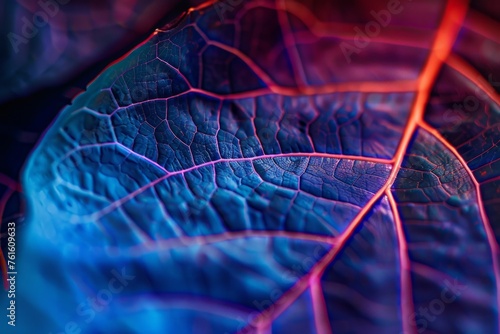 Closeup of the veins on an intricate leaf, illuminated in the style of blue light, showcasing vibrant colors and textures Generative AI