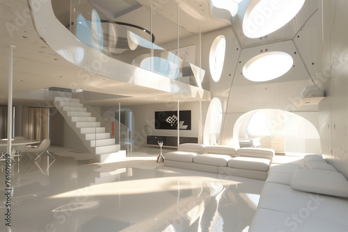 Minimalist futuristic house interior.