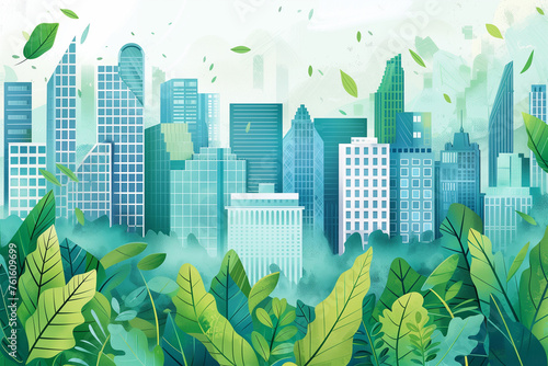 Eco-friendly cityscape with green buildings and renewable energy sources.