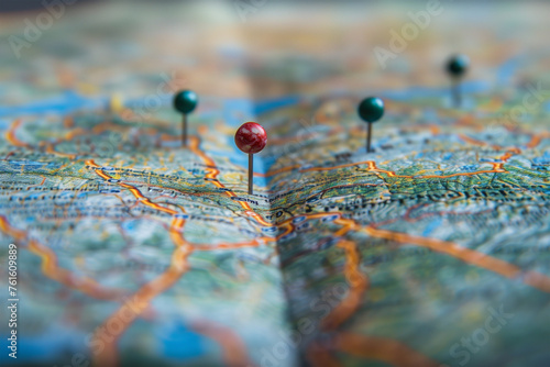 Location marking with a pin on a map with routes. Adventure, discovery, navigation, communication, logistics, geography, transport and travel theme concept background