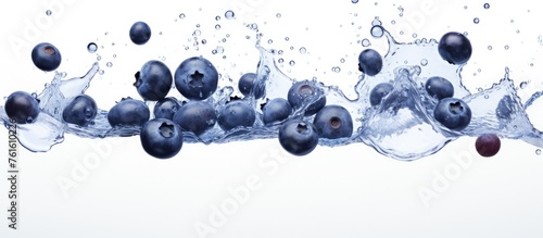 Blueberries creating a symmetrical pattern as they splash into a circle of water on a white background, captured in a stunning macro still life photography art piece