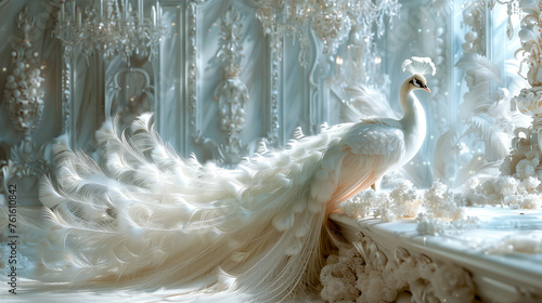 A majestic white peacock with a splendid tail displayed in an ornate, ice-blue palace room
