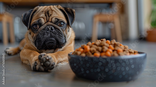 Portrait of a pug in a funny pose on a gray kitchen floor near a bowl of dog food