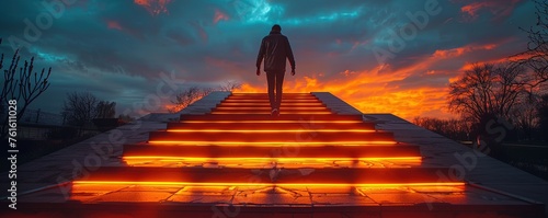 a man runs up a glowing staircase after sunset photo