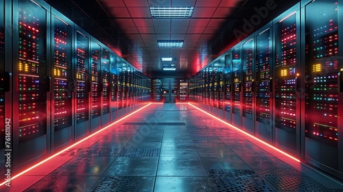 Large data center with rows of servers and LED lights