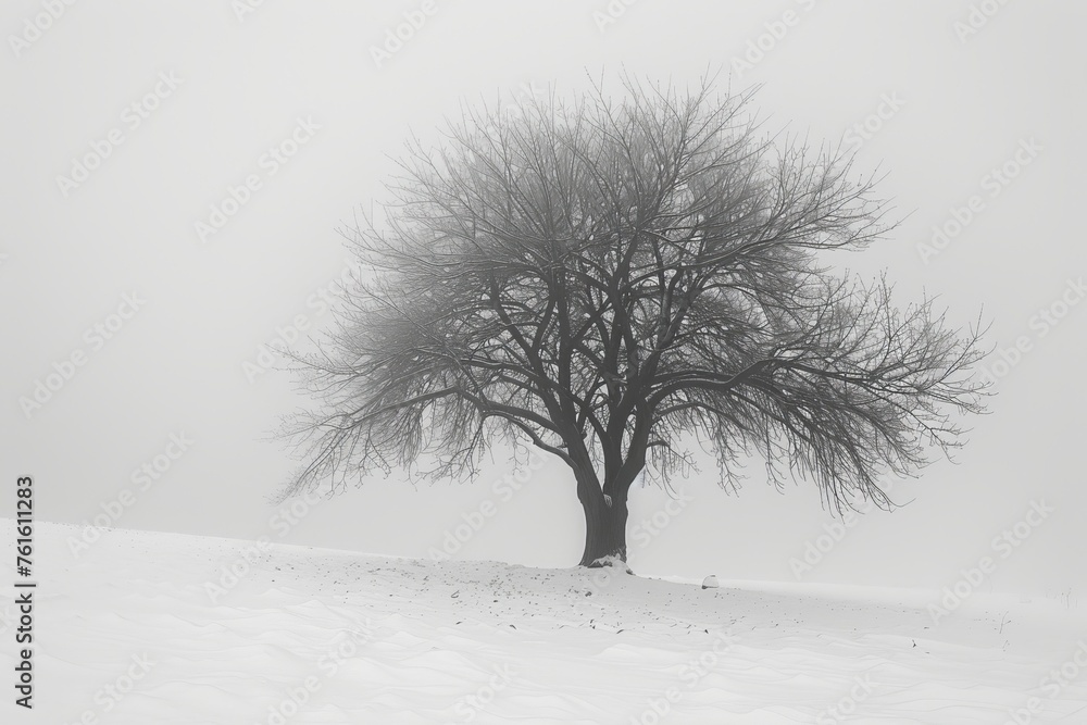 Fototapeta premium Monochromatic image of a leafless tree in a snow-covered landscape