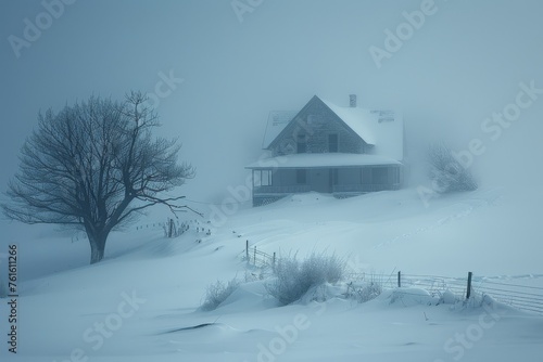 A secluded house emerges from a snowy landscape veiled in mist