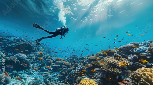 Professional divers swim and observe fish and corals in the ocean. photo
