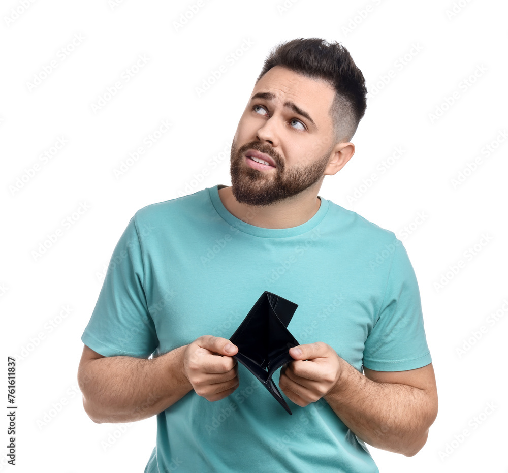 Confused man showing empty wallet on white background Confused man showing empty wallet on white background