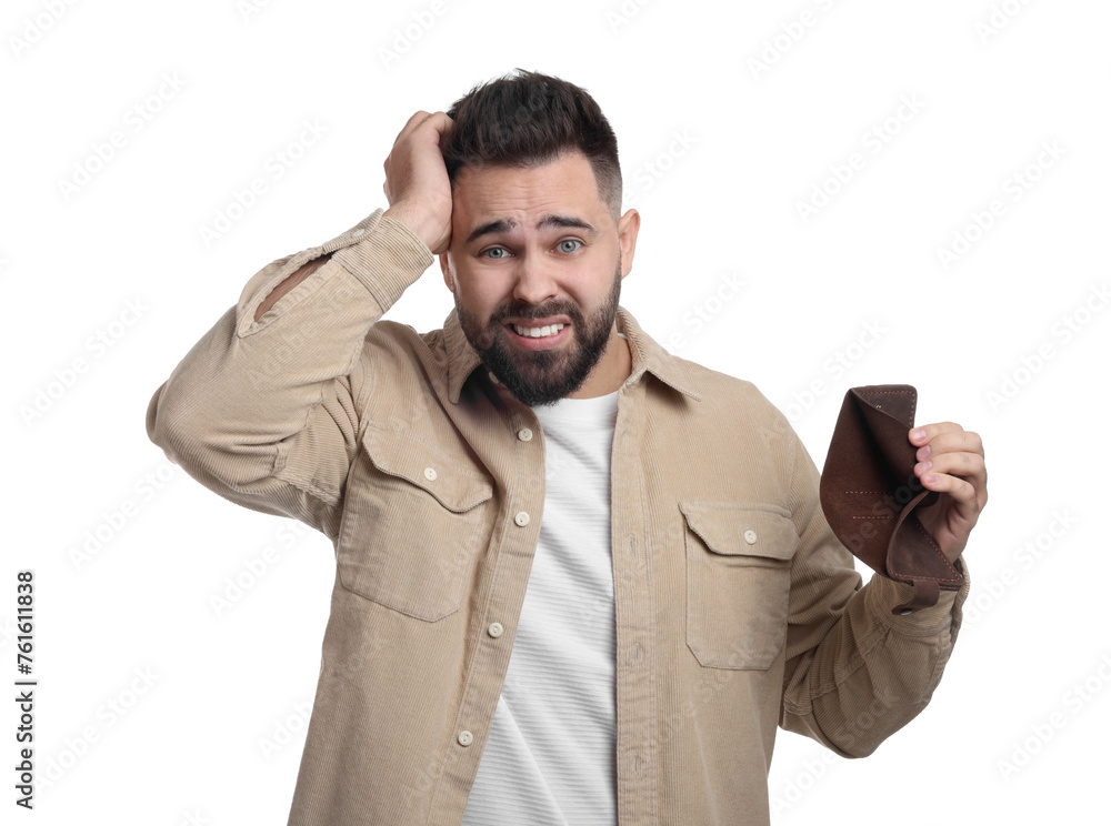 Confused man showing empty wallet on white background Confused man showing empty wallet on white background