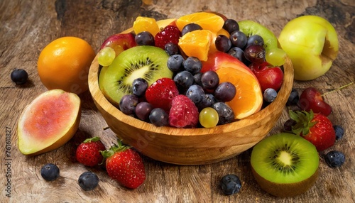 Refreshing mix of summer fruits in a wooden bowl. high quality photo