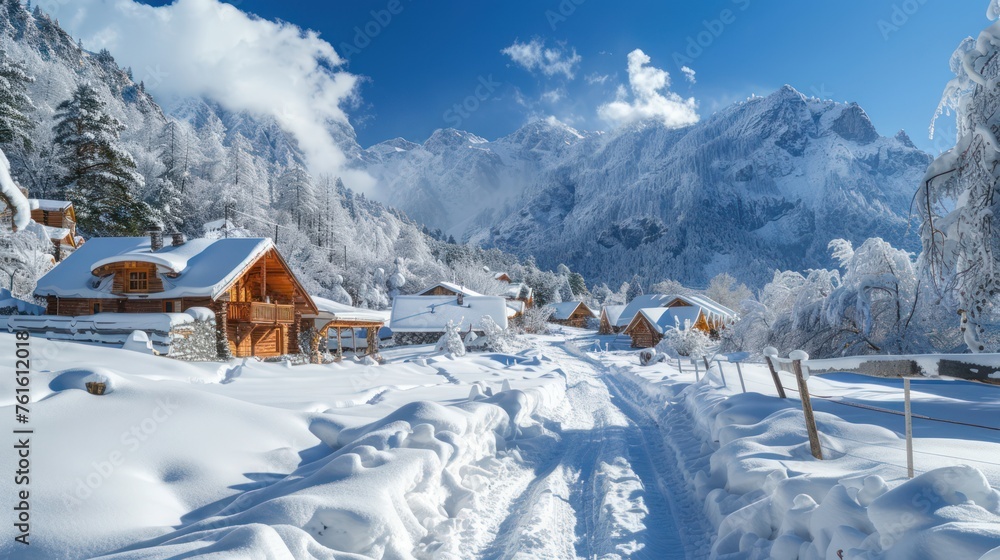 A quiet mountain village covered in snow