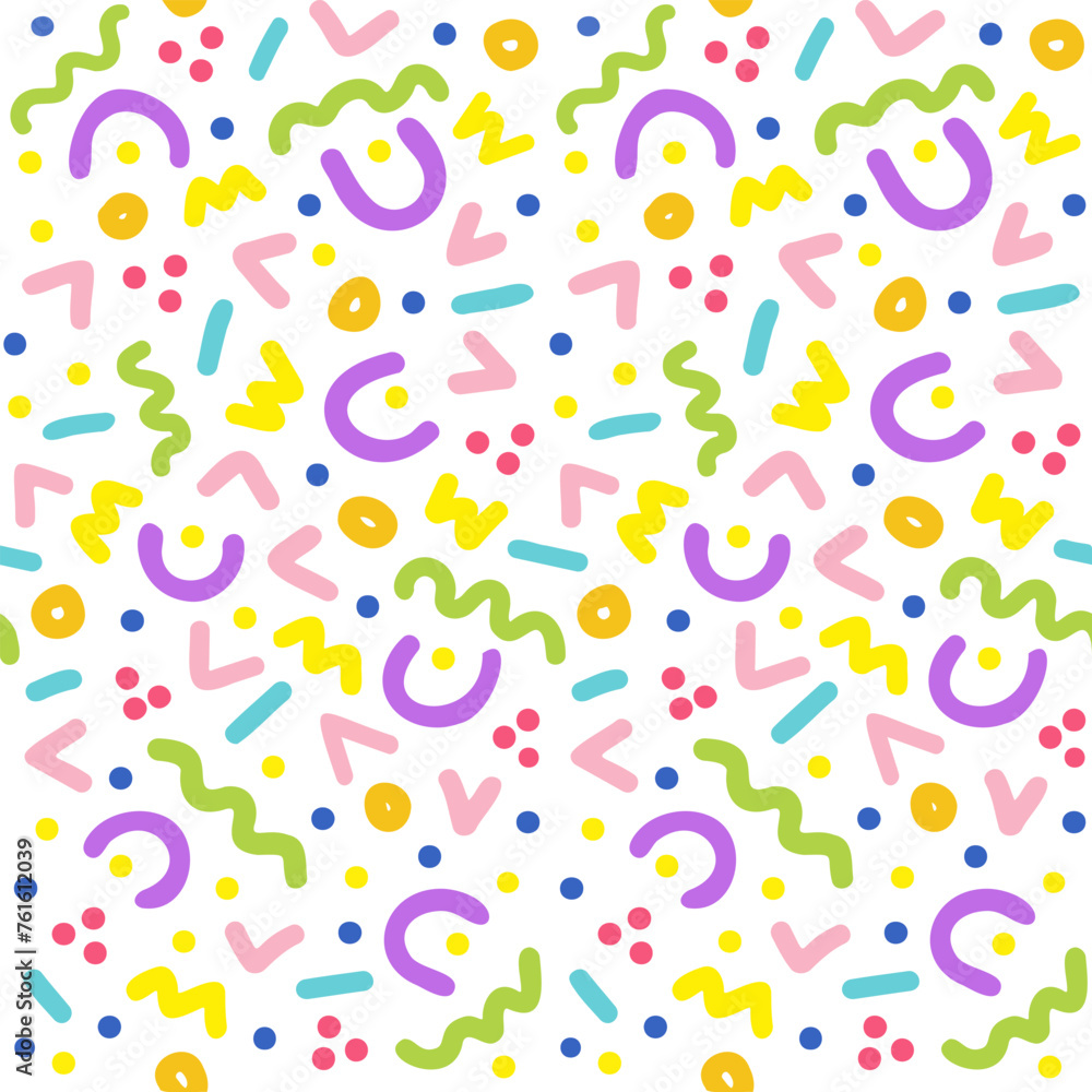 Seamless pattern 90s style, squiggles and geometric shapes. Transparent background, swatch included Seamless pattern 90s style, squiggles and geometric shapes. Transparent background, swatch included