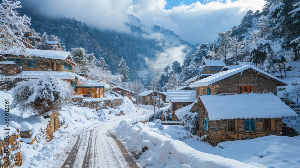 A quiet mountain village covered in snow