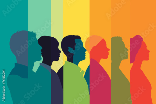 Silhouette profile group of men and women of diverse culture. Diversity multi-ethnic and multiracial people. Concept of racial equality and anti-racism. Multicultural society. Friendship