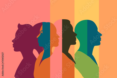 Silhouette profile group of men and women of diverse culture. Diversity multi-ethnic and multiracial people. Concept of racial equality and anti-racism. Multicultural society. Friendship