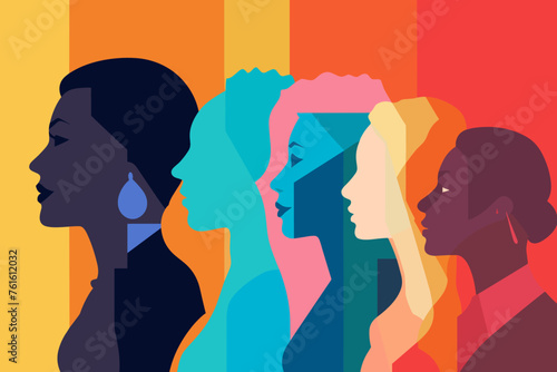 Silhouette profile group of men and women of diverse culture. Diversity multi-ethnic and multiracial people. Concept of racial equality and anti-racism. Multicultural society. Friendship