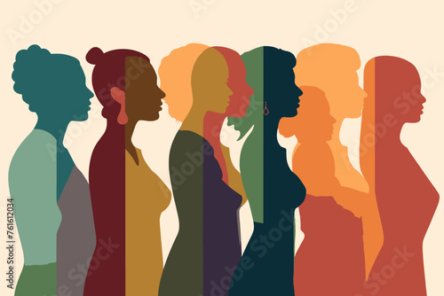 Silhouette profile group of men and women of diverse culture. Diversity multi-ethnic and multiracial people. Concept of racial equality and anti-racism. Multicultural society. Friendship