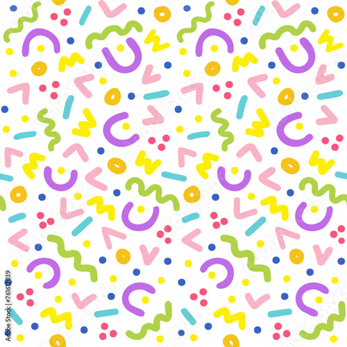 Seamless pattern 90s style, squiggles and geometric shapes. Transparent background, swatch included