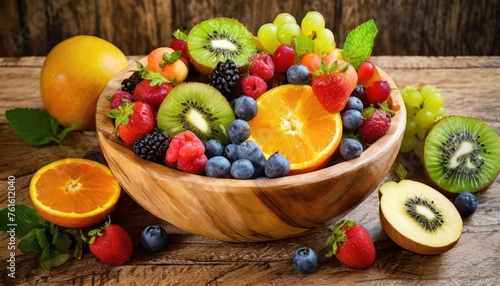 Refreshing mix of summer fruits in a wooden bowl. high quality photo