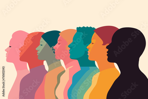Silhouette profile group of men and women of diverse culture. Diversity multi-ethnic and multiracial people. Concept of racial equality and anti-racism. Multicultural society. Friendship