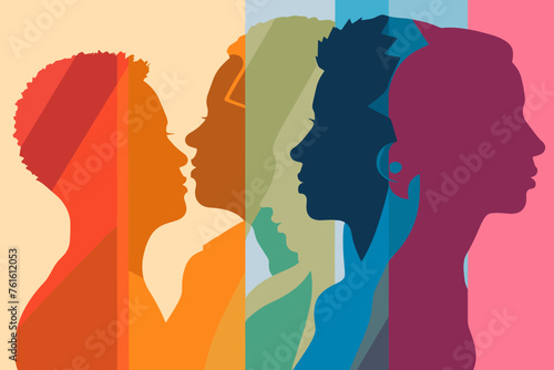 Silhouette profile group of men and women of diverse culture. Diversity multi-ethnic and multiracial people. Concept of racial equality and anti-racism. Multicultural society. Friendship