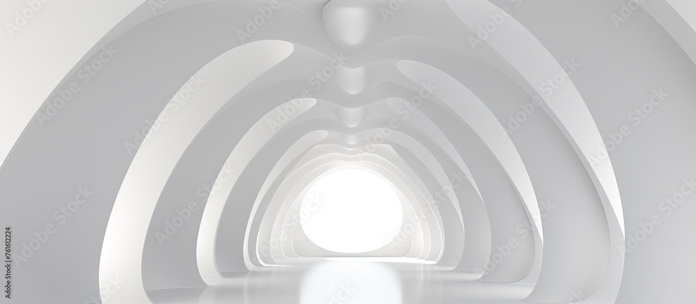 Obraz premium A monochrome tunnel with a gaslike light circling the metal rim, creating a symmetrical pattern on the ceiling. Tints and shades play with the contrast, leading towards the white circle at the end