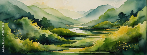Abstract watercolor background capturing the beauty of green landscapes with golden accents in a Japanese style  offering an artistic portrayal brimming with harmony and tranquility.