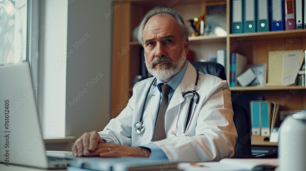 a middle-aged male doctor as he sits at his desk, with a front view showcasing a depth of field, the background blurred, and two books on the desktop. a middle-aged male doctor as he sits at his desk, with a front view showcasing a depth of field, the background blurred, and two books on the desktop.