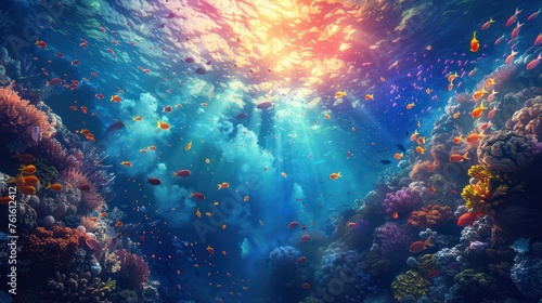Beautiful scenery of the sea floating in colorful colors underwater. © Jang