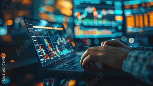Analyst working with digital financial business data graph showing investment technology