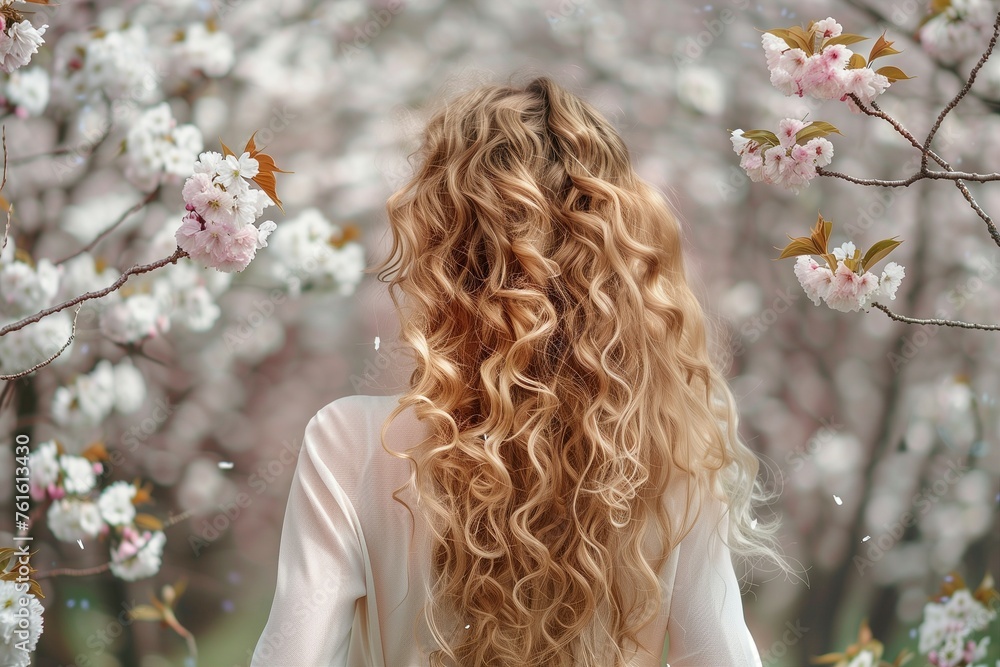 Naklejka premium A woman with long curly hair standing in front of a flowering tree