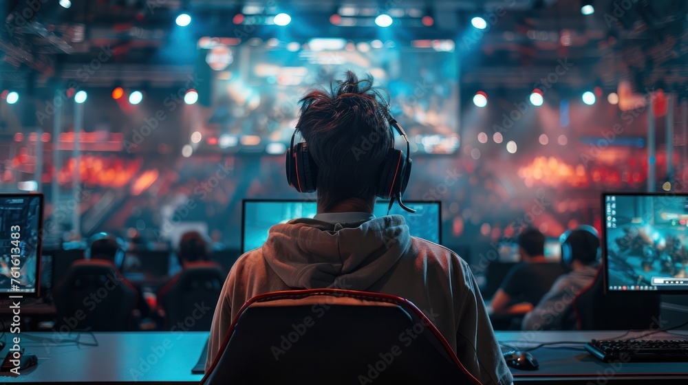 Esports gamers sitting at stadium computer tables Esports gamers sitting at stadium computer tables