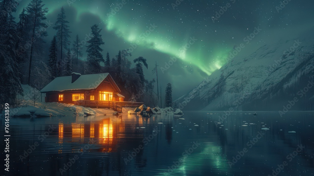 Glowing house next to lake and northern lights