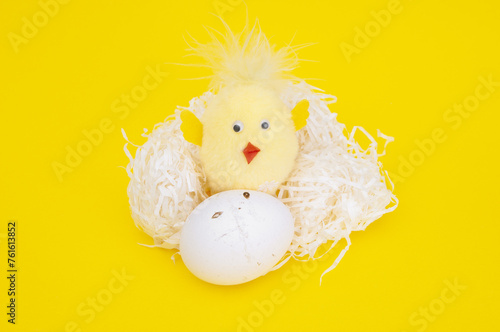 Cute fluffy little chicken borning out of egg on yellow background