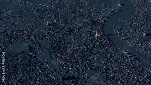 3D model of Cologne at night with many lights. There is a light blue light from the moon on the buildings.Aerial view with the illuminated Cologne Cathedral in the centre.