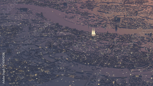 3D model of Cologne in the transition to night or morning with many lights. There is still a slight reddish glow on the landscape. Aerial view with the illuminated Cologne Cathedral in the centre.