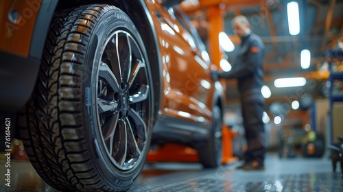 Automotive mechanics and luxury car tire changes in a high-tech service area.